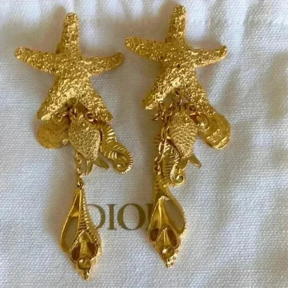 Sculptural OCEAN Fantasy STARFISH CHARMS Massive 4” Long Drop Dangle Earrings Se - Picture 1 of 4